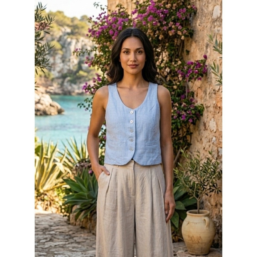 Light Blue Linen Button-Front Vest
